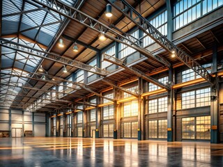 Obraz premium Captivating Interior of a Spacious Warehouse Showcasing Industrial Design Elements, High Ceilings, Large Open Spaces, Natural Light, and Versatile Layout for Creative Use