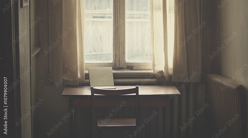 Aufkleber a serene and minimalistic interior scene featuring a wooden desk by a window with natural light stre