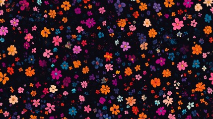 87.A seamless design featuring tiny, stylized flowers on a black background. The small blooms, drawn in fine detail, create a striking contrast, with their bright colors standing out against the dark