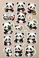 Obraz premium Adorable Panda Stickers: A Collection of Cute Panda Illustrations with Bamboo, Flowers, and Accessories
