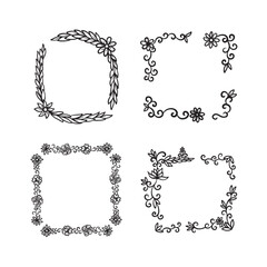 Obraz premium Flower ornament decorative frames illustration drawing set isolated on square white background. Simple flat outlined black and white cartoon art styled drawing.