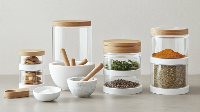 Modern Minimalist Kitchen Storage Set Featuring Glass Jars, Wooden Lids, Mortar and Pestle, Spices, and Dry Ingredients on a Neutral Background