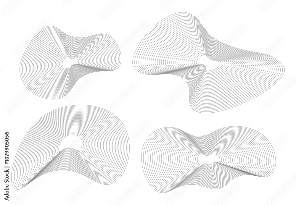 Fototapete set of linear fluid shapes vector design. abstract flowing wavy smooth stripes line circle rings. di
