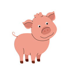 Pink Pig. A small domestic animal. Cute cartoon pig. Kids illustration of animals. Flat vector on white background.