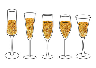 Set drink glass icon doodle style. Champagne. Golden bubbles, festive toast. Objects isolated on white background. For holiday card or elegant party invitation.