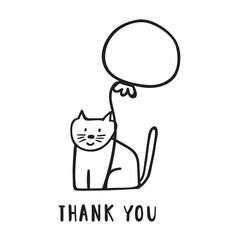 Phrase - Thank you. Cute cat with balloon. Black color vector outline illustration on white background.