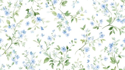 80.A timeless floral pattern featuring small blue wildflowers and soft green leaves, arranged in a delicate, seamless design. The vintage-inspired motif is set against a white background, emphasizing