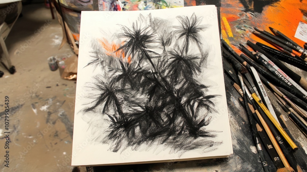 Poster abstract charcoal drawing depicting vibrant and dynamic plant forms on textured paper, showcasing cr