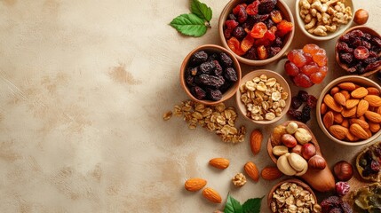 Assortment of Dried Fruits and Nuts in Bowls