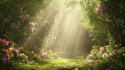 Obraz premium Enchanted Glade - A Dark Fantasy 3D Render of a Tranquil Sanctuary with Vibrant Flowers and Dappled Light