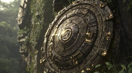 Obraz premium Enchanted Shield of Power - Mystical 3D Render with Ancient Symbols and Glowing Edges for Fantasy Settings
