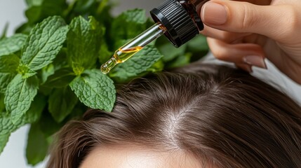 Obraz premium 40.A woman carefully applying peppermint essential oil to her scalp using a dropper, with emphasis on the natural treatment of female pattern baldness. The vibrant green mint leaves nearby highlight