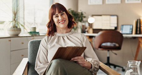 Woman, therapist portrait and checklist for counselling, help and clipboard for support in office....