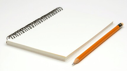 Blank Spiral Notebook and Pencil on White Background for Creative Writing, Drawing, or Note Taking Activities in Simplistic Workspace Environment