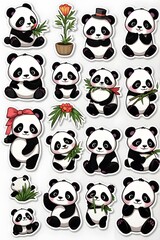 Obraz premium Cute Panda Stickers: Adorable Illustrations of Pandas with Bamboo and Flowers