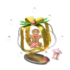 3d gift box glass transparent with gingerbread man, candy, clear glass lantern, podium isolated. merry christmas, festive new year concept, 3d render illustration