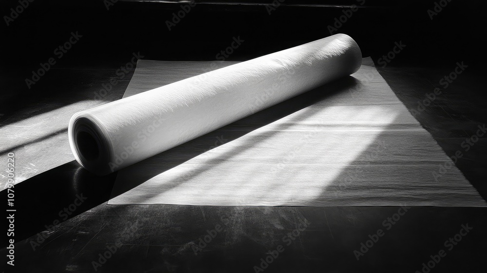 Poster smooth white roll of paper on dark surface with light and shadow playing across the table in minimal