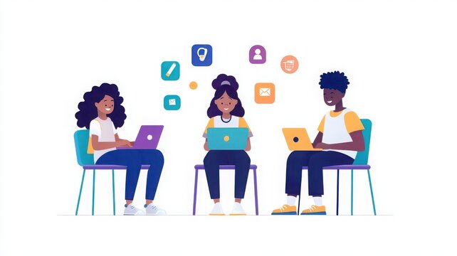 Education technology with gamification concept. Three individuals are engaged in online activities using laptops, surrounded by various social media icons and communication symbols.