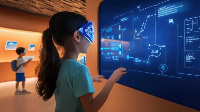 Education technology with gamification concept. A child interacts with a high-tech display in a modern educational exhibit, using virtual reality technology to explore digital content.
