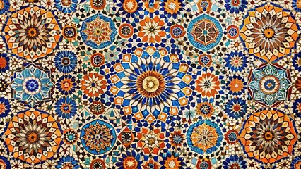 Intricate Geometric Mosaic Pattern with Blue, Orange, and White Tiles, Representing a Symphony of Colors and Shapes