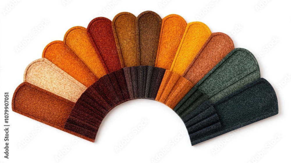 Poster a vibrant collection of felt samples in warm autumn colors displayed semicircle on a white backgroun