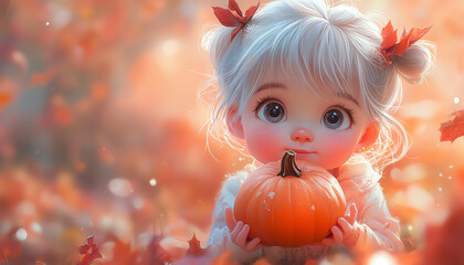 Adorable child with white hair holding a small pumpkin amidst colorful autumn leaves, capturing the essence of fall's magic and warmth.