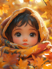 Adorable digital art of a child with large eyes in a warm hood, surrounded by autumn leaves and soft sunlight. Perfect fall illustration.