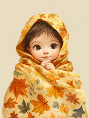 Adorable child wrapped in autumn-themed blanket, showcasing warmth and coziness with a charming expression and vibrant fall colors.