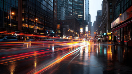 Fototapeta premium Urban evening scene with long exposure capturing light trails from passing traffic on a wet city street surrounded by tall buildings and illuminated storefronts.