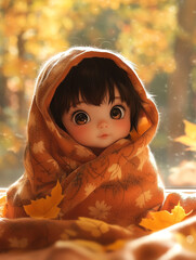 Cute doll wrapped in autumn-themed blanket surrounded by leaves, capturing warmth and innocence in a serene fall setting.