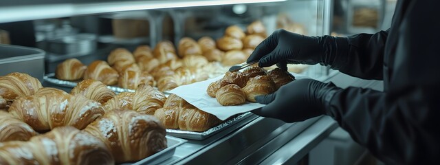 A cinematic still of the first scene in 'Bakery'. A person wearing black gloves is using tongs to place baked goods on top of a white paper display tray inside an all-white glass case filled with croi