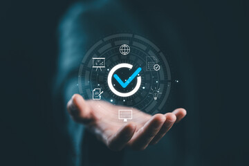 Hand shows sign of top service Quality assurance, Guarantee, Standards, ISO certification and standardization concept, satisfaction, service experience, show the standards of products and services.