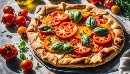 Banner of summer vegan pie galette with tomatoes and cheese. tasty snack or healthy food lunch
