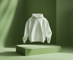 Blank white hoodie sweatshirt with fabric texture on green olive background