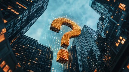 Dissolving Digital Question Mark in Cityscape Backdrop Representing Business Uncertainties