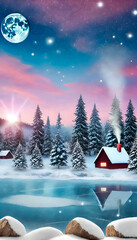 Naklejka premium Tranquil Winter Scene with Snow-Covered Cabin, Frozen Lake, and Moonlit Sky in a Peaceful Snowy Landscape