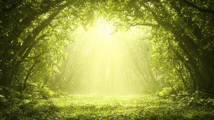 Obraz premium Enchanted Forest Glade - A Dark Fantasy 3D Render with Soft Sunlight Filtering Through Trees in a Serene Atmosphere