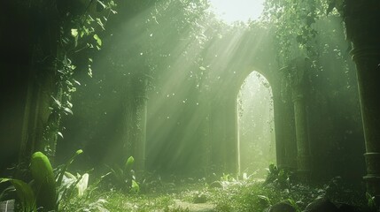 Enchanted Forest Glade: Serene Dark Fantasy 3D Render with Soft Sunlight Filtering Through Trees, Ultra-Detailed Digital Artwork