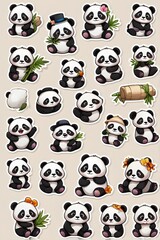 Naklejka premium Adorable Panda Stickers: A Collection of Cute Panda Bears in Various Poses and Outfits