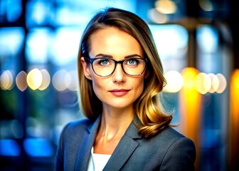 Portrait of a strong businesswoman, rule of thirds, glasses.