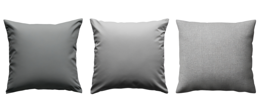 Three plain grey square pillows for a mockup with a transparent background