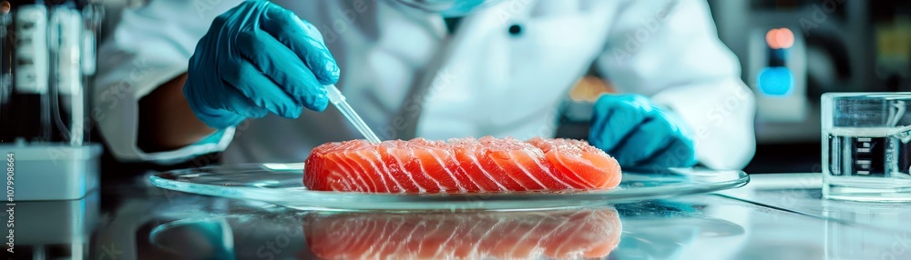 Poster a culinary scientist in a laboratory setting conducting research on fresh salmon using a pipette to 