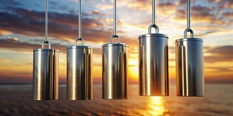 Metal cylinders hanging from a cable moving with sunset light ,  rendering, metal, cylinders, hanging, cable