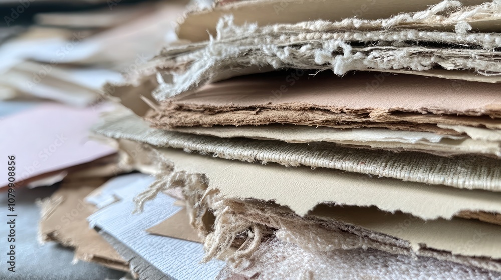 Aufkleber a close-up view of diverse textured paper sheets stacked in artistic disarray, showcasing natural to