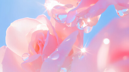 Close up rose beautiful glossy petals with dewdrop dreamy fashion pink red blue romantic background. floral bloom blossom flora wild plants refreshing cosmetic spa salon wallpaper