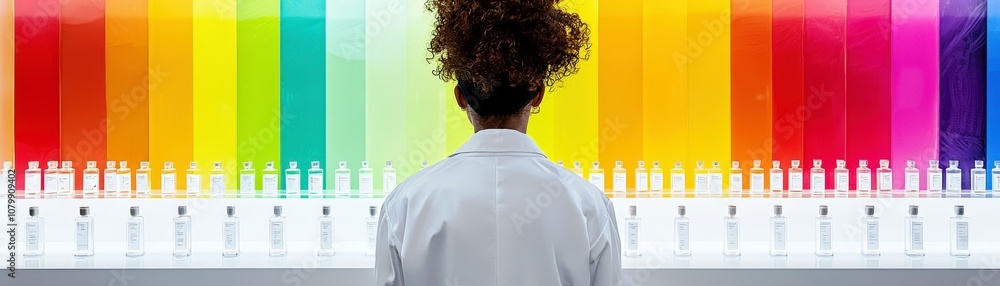 Poster colorful laboratory background with scientist observing various containers and experimentation tools