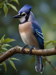 Obraz premium Stunning Blue Jay Perched on a Curved Branch Amidst Lush Green Foliage