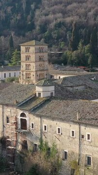 Farfa Abbey of the Benedictine Order, near Rome, Lazio, Italy.
Aerial view of the village of Farfa Abbey, a small tourist village in Sabina, Lazio.