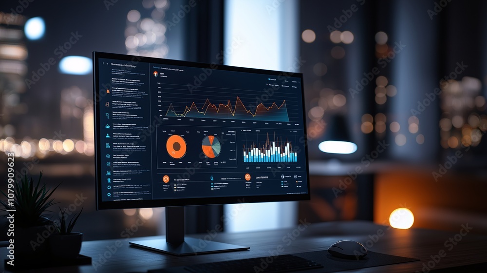 Aufkleber modern data dashboard displaying various graphs and charts in a sophisticated office environment at 
