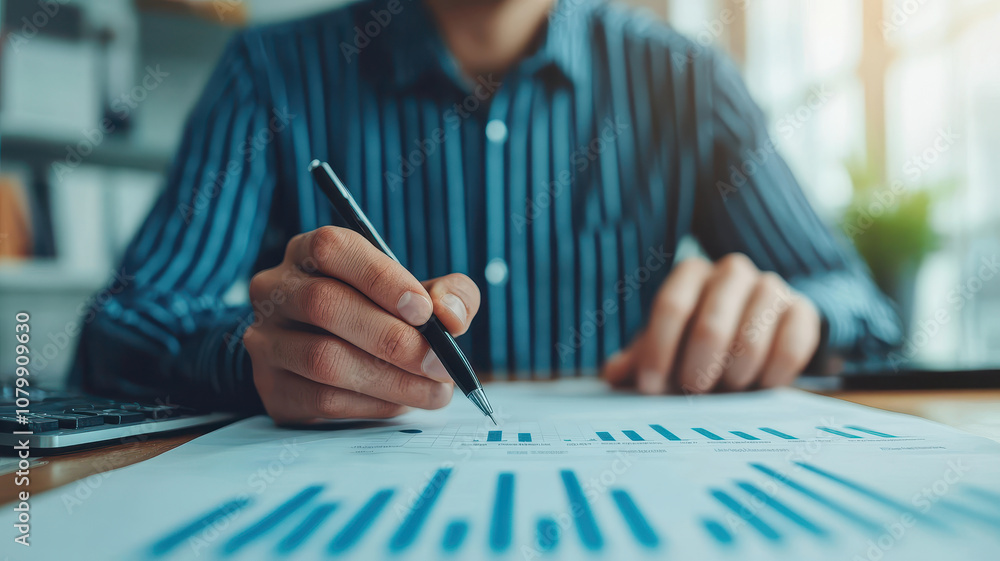 Aufkleber analyzing customer data reports, business analyst studies graphs and charts with pen in hand, focusi